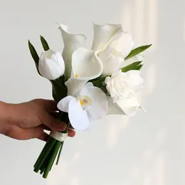 Wedding Flowers 2024 Vintage White Calla Lily Tulip Phalaenopsis Elegant Bunch Of Decoration Bouquet Fleur Artificielle Mariage