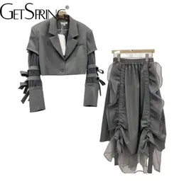 Getspring Women Suit Blzaer Skirt Set Single Button Short Blazer Coat High Waist Loose Casual Skirts Two Piece Sets Spring 240118