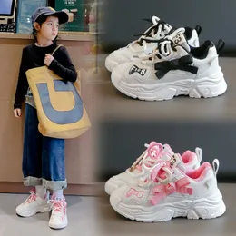 Barn Sneakers 2024 Spring New Children Shoes Portable Running Shoes For Girls Korean Söta Bow Children's Sports Shoes Portable Baby Girls Toddler Shoes