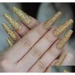 Falsas unhas glitter ouro pó imprensa em extra longo caixão bailarina forma falso fl er brilhante ballet artificial acrílico gota entrega ele otv42