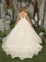 Sukienki dla dziewczynek biała suknia balowa kaplica pociąg kwiatowy koronkowy tiul tiul bez rękawów haftowy kostium imprezowy A-line Princess Prom