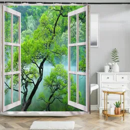Duschvorhänge Alle Arten von 3D-Waldlandschaft Fenstervorhang Heimdekoration mit Haken Polyester wasserdicht 240 180