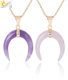 CSJA Natural Stones Crescent Half Moon Necklaces Pendant Amethyst Rose Quartz White Stone Gold Color Reiki Women Charm Jewelry Han2797233