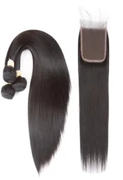 Fasci di capelli vergini brasiliani capelli umani vergini lisci 3 pacchi con chiusura in pizzo 44 colore naturale non trattato centrale 3Pa7329257