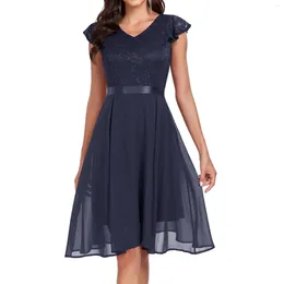Casual Dresses Lace Chiffon Mid Length Women'S Short Sleeve Dress For Wedding Formal Evening Elegant And Pretty