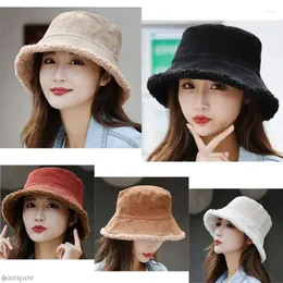 베레트 따뜻한 가역 가짜 모피 버킷 모자 여성 겨울 양아도 양모 양털 모자 모자 선 스크린 파나마 모자 단순