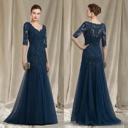 Dark Navy Mother Of The Bride Gowns 3/4 Sleeves V Neck Beaded Lace Tulle Long Mermaid Mother's Dress Mum of The Groom Dresses Gowns for African Arabic Black Women AMM086