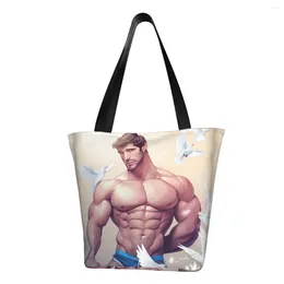 Sacos de compras reciclagem sexy pedaço dos desenhos animados namorado homem arte corporal gay saco feminino lona ombro tote portátil mercearia shopper