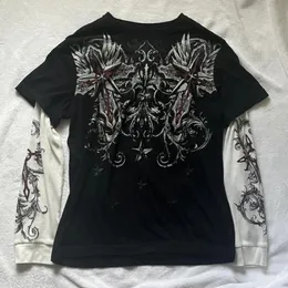 Vintage Grafikdruck Patchwork Langarm T-Shirts Harajuku gefälschte zweiteilige T-Shirts koreanische Gothic Grunge lose Tops Streetwear 240202