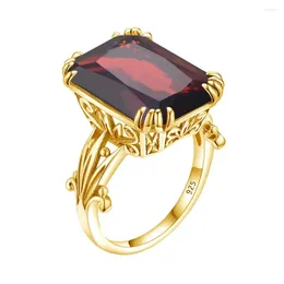 クラスターリングSzjinao Massive 13 18mm Red Garnet Ring for Women Rectangle Created Gemstone Solid925 Sterling Silver Luxury Brand Jewelry