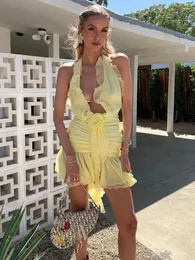 Casual Dresses Women Summer Luxury Sexy Deep V Neck Backless Halter Ruffles Yellow Pink Mini Gowns Dress Elegant Evening Party Club