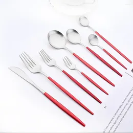 Dinnerware Sets Matte Red Silver Cutlery Set Stainless Steel Tea Spoon Fork Tableware Long Silverware Kitchen Flatware