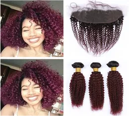 Wino Red Ombre Kinky Curly Peruvian Virgin Human Hair 3pcs Bundles z 13x4 Frontal Closure 1B99J Burgundia Ombre Lace Frontal W6254003