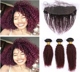 Wine Red Ombre Kinky Curly Peruvian Virgin Human Hair 3Pcs Bundles with 13x4 Frontal Closure 1B99J Burgundy Ombre Lace Frontal w6254003