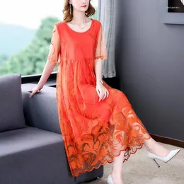 Partykleider ZUO MAN RU 2024 Sommer O-Ausschnitt Seidenstickerei Kurzarm Langes Kleid A-Linie Mesh Spitze Splice Blume