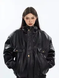 Tjock Black PU Läderjacka Kvinnor Bomber Spring Autumn Subtume Windproof Zip Up Luxury Designer Motorcykel unisex outwear 240122