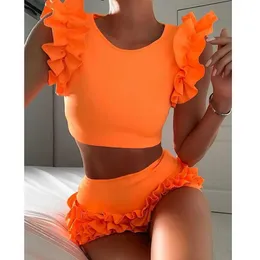 Costumi da bagno da donna VIKINII 2021 Estate femminile sexy Abbigliamento da spiaggia Arancione Donna Due pezzi Set Ruffle senza maniche Crop Top Pantaloncini a vita alta nuovo J240202