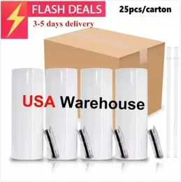 CA USA Local warehouse 24H ship sublimation mugs straight tumbler 20oz blank sippy cup water bottle With plastic lid and straw