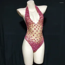 Stage Wear Sexy Red Black Pink Rhinestones Transparent Leotard Dance Costume Dancer Backless Outfit Evening Birthday Celebrate Bodysuit