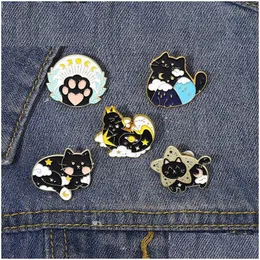 Pins Brooches Pins Brooches Cartoon Cat Enamel Pin Animal Brooch Star Moon Black Kitten Paw Cloud Badge Lapel Backpack Women Kids Jew Dhebb