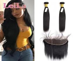 Extensões de cabelo humano virgem indiano cabelo reto 2 pacotes com parte frontal de renda 13x4 fechamento frontal com pacotes naturais 2944630