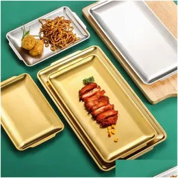 Flatware Sets Korean Style 304 Stainless Steel Square Barbecue Plate Golden Rectangar Tray Western Snack Flat Craft Ornaments Drop Del Ot8Ud