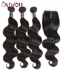 Todo o cabelo peruano virgem ondulado tece fechamento com 3 pacotes molhados e ondulados tecer cabelo extenisons cabelo humano peruano 7969244