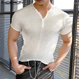 Men's T Shirts 2024 Shirt Plaid V Neck Short Sleeve Transparent Streetwear Casual Tee Tops Men Fitness Fashion Camisetas S-5XL INCERUN