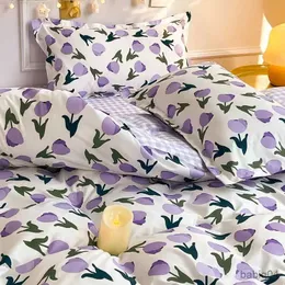 寝具セットINSスタイルの寝具セットフィラー紫色のチューリップファッション布団カバーフラットシートケースガールズボーイズシングルダブルサイズベッドリネン