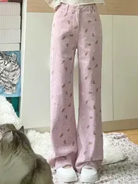 Kadınlar kot pantolon kawaii sevimli ayı pembe torbalı kot pantolon için kadınlar için kot pantolon büyük boy kot pantolon tatlı japon tarzı geniş bacak kız pantolon j240217