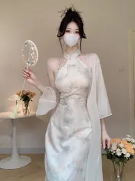 Chiński styl hanfu set kobiet bez rękawów Cheongsam seksowny nadruk qipao ulepszona chińska sukienka elegancka elegancka vintage kostium 240131