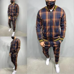 رجال 3D Plaid Sports Suit Suits Setts Scedct Man Set Tracksuit Faction Massion Zipper 2 Pitch Men Men's Suit Suit Suit 240125