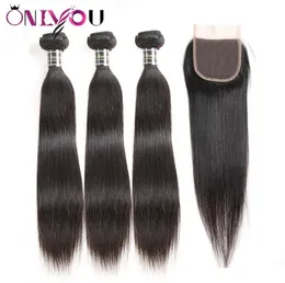 Extensões de cabelo humano reto peruano 3 pacotes com 4x4 parte fechamento de renda cabelo remy barato brasileiro tramas de cabelo virgem with3059036