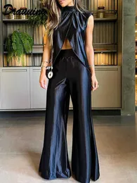 Women's Two Piece Pants D rauUING 2-piece Womens Sleeveless Tank Split Top and Wide Legged Pants Womens Set Silk Pants Set Matching Set J240202