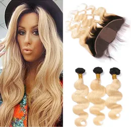 Blond Ombre Silk Base Full Lace Closure 13x4 z tkaczami falistymi 3bundles 1B613 Dwnie tonowe Ombre Virgin Hair z jedwabnym górnym górą Frontal5813902