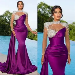 Eleganckie fioletowe sukienki wieczorowe syreny z koralikami High Collar Party Prom Dress Illusion Długie rękawy Długie sukienka na specjalną okazję