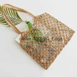 Shoulder Bags New hand-woven hollowwork straw bag paper rope grid without lining woven beachH24217