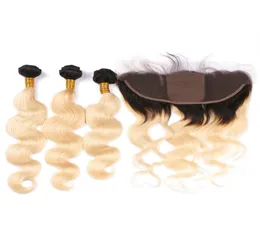 Blond Ombre Silk Base 13x4 Pełne koronkowe zamknięcie z wiązkami fala ciała dwa ton 1B613 Ombre Brazylian Virgin Hair z jedwabnym czołowym 5708065