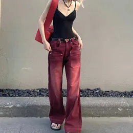 Jeans femininos estilo namorado rua roupas saco jeans mulheres calças jeans cintura alta y2k lavagem vintage angustiado perna larga arrastar calças vermelhas j240217