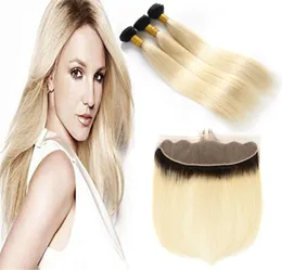 Dark Root Ombre 1B 613 Blonde Two Tone Human Hair Weft Bundles mit Full Frontals Honey Blonde Ombre Hair Weaves mit Frontal Clo3877537