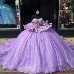 Lilac Vestidos de 15 Anos Lilac Quinceanera Dresses 2024 الدانتيل زين Tull requin قبالة الكتف الحلو 16 العباءات حفلة موسيقية