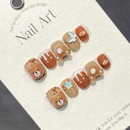 Ręcznie robione urocze prasa na paznokcie Krótkie koreańskie kawaii wielokrotnego użytku klej fałszywy paznokcie brązowe 3D niedźwiedź akryl sztuczny manicure 240129