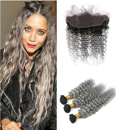 8A Capelli umani grigi malesi a onda profonda 3 pacchi con pizzo frontale 2 toni 1B Grigio ricci Ombre capelli vergini tesse Dhl 9877274