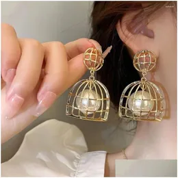 Dangle Chandelier Earrings Womens Gold Plated Sier Hollowed-Out Net Bird 케이지 모양 귀 펜던트 파티 트렌디 한 세련된 큰 진주 드롭 E Dhobp