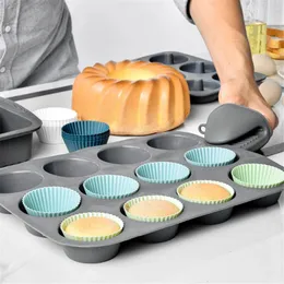 Moldes de cozimento 12pcs / 24pcs Round Silicone Muffin Cup Set Cupcake Mold Egg Tart Cozinhado Complementar Food DIY Household Supplies
