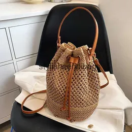 Shoulder Bags Drawstring Womens Straw Bucket Bag Summer Woven Purse Beach Handbag Trends Handbags Casual CrossbodyH24217