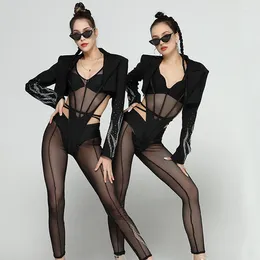 Stage Wear Sexy Black Mesh Patchwork Jacket Pants Women Pole Dance Outfit Nightclub Party Performance Rave Clothes XS6008