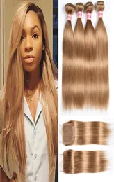 8A Peruvian Full Head 4pcs Virgin Human Hair Sever 3 Pcs1pcs closture44 Honey Blonde Color 27 Weaves Human Hair Weaves with C5144542