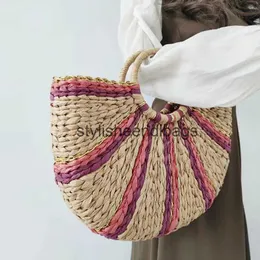 Totes Fashion Colorful Striped Half Moon Straw Women Handbags Paper Woven Basket Bag Casual Handmade Summer Beach Bags Bali 2023H24217