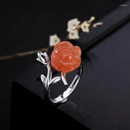 Anéis de cluster Sul ágata vermelha rosa flor anel feminino aberto s925 prata esterlina moda personalidade graciosa para dar ornamento de presente de mãe